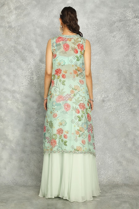 Shop Tanu Malhotra Green Organza, Georgette Embroidery, Mirrors Round Turquoise Cape Skirt Set at Aza Fashions Shop_Tanu Malhotra_Green Organza, Georgette Embroidery, Mirrors Round Turquoise Cape Skirt Set _at_Aza_Fashions