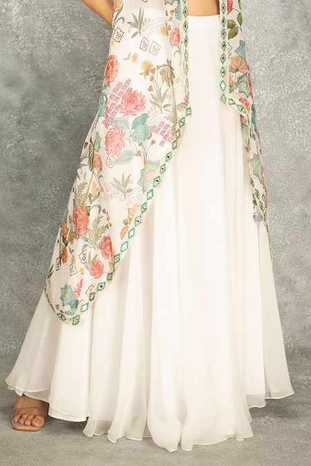 Tanu Malhotra_White Organza, Georgette Embroidery Round Neck Peach Mirror Cape Skirt Set _Online_at_Aza_Fashions