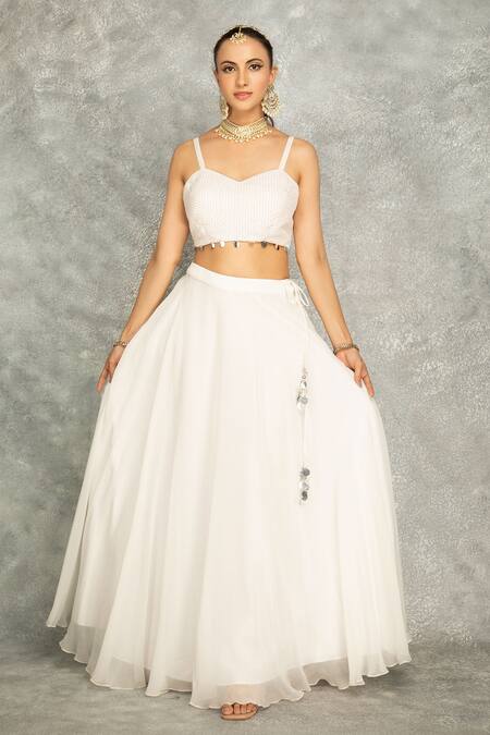 Shop_Tanu Malhotra_White Organza, Georgette Embroidery Round Neck Peach Mirror Cape Skirt Set _Online_at_Aza_Fashions