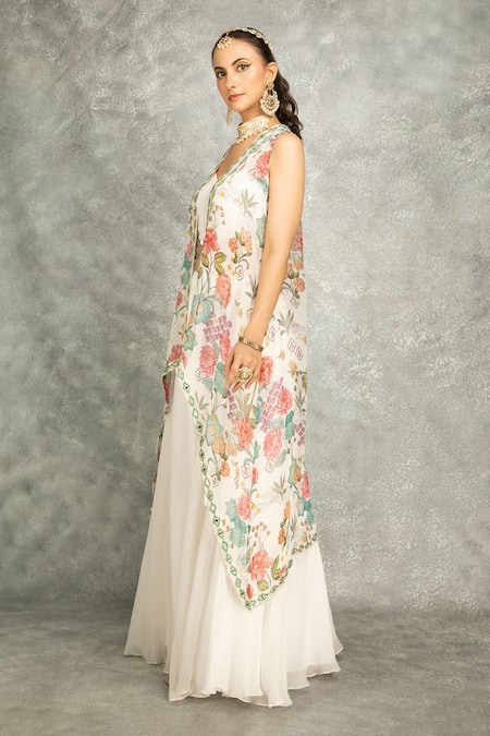 Tanu Malhotra_White Organza, Georgette Embroidery Round Neck Peach Mirror Cape Skirt Set _at_Aza_Fashions