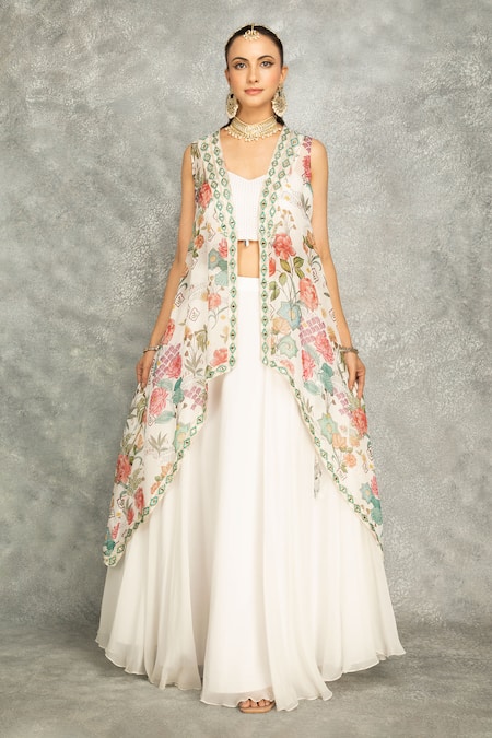 Tanu Malhotra Peach Mirror Embroidered Cape Skirt Set 