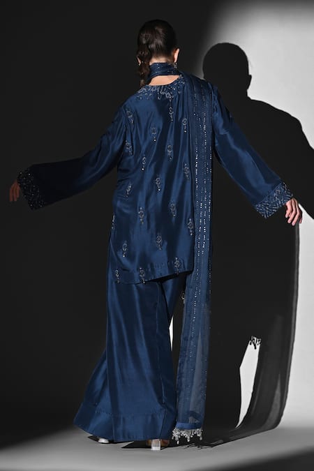 Shop Nikita Mhaisalkar Blue Silk Beads, Sequins Split V-neck Indigo Beaded Hand Embroidered Kurta Set at Aza Fashions Shop_Nikita Mhaisalkar_Blue Silk Beads, Sequins Split V-neck Indigo Beaded Hand Embroidered Kurta Set _at_Aza_Fashions