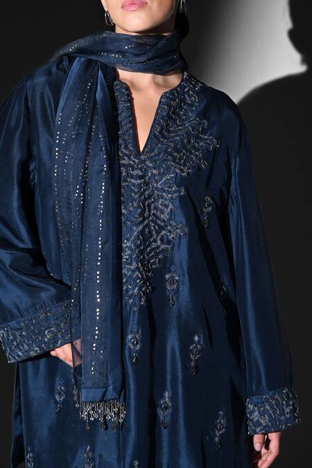 Buy Nikita Mhaisalkar Blue Silk Beads, Sequins Split V-neck Indigo Beaded Hand Embroidered Kurta Set Online at Aza Fashions Buy_Nikita Mhaisalkar_Blue Silk Beads, Sequins Split V-neck Indigo Beaded Hand Embroidered Kurta Set _Online_at_Aza_Fashions