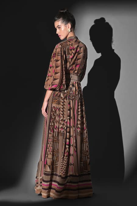 Shop Nikita Mhaisalkar Brown Silk, Crepe V-neck Geometric Print Maxi Dress at Aza Fashions Shop_Nikita Mhaisalkar_Brown Silk, Crepe V-neck Geometric Print Maxi Dress _at_Aza_Fashions