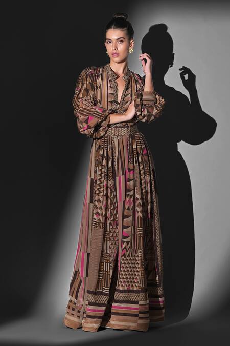 Nikita Mhaisalkar Brown Silk, Crepe V-neck Geometric Print Maxi Dress Online at Aza Fashions Nikita Mhaisalkar_Brown Silk, Crepe V-neck Geometric Print Maxi Dress _Online_at_Aza_Fashions
