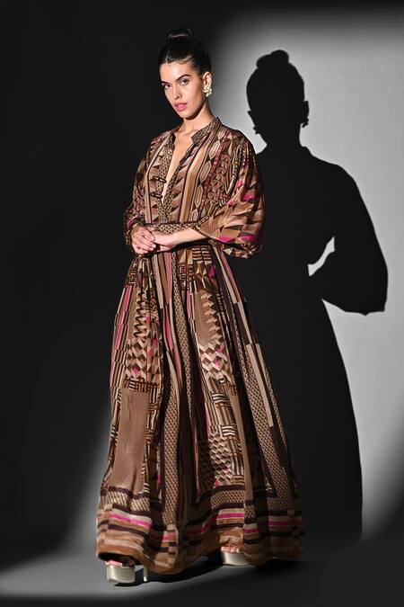Buy Nikita Mhaisalkar Brown Silk, Crepe V-neck Geometric Print Maxi Dress Online at Aza Fashions Buy_Nikita Mhaisalkar_Brown Silk, Crepe V-neck Geometric Print Maxi Dress _Online_at_Aza_Fashions