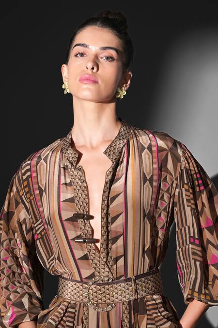 Shop Nikita Mhaisalkar Brown Silk, Crepe V-neck Geometric Print Maxi Dress Online at Aza Fashions Shop_Nikita Mhaisalkar_Brown Silk, Crepe V-neck Geometric Print Maxi Dress _Online_at_Aza_Fashions