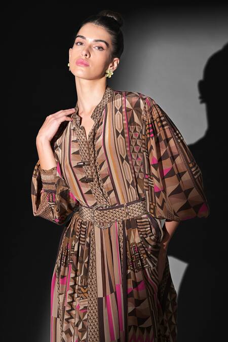 Nikita Mhaisalkar Brown Silk, Crepe V-neck Geometric Print Maxi Dress at Aza Fashions Nikita Mhaisalkar_Brown Silk, Crepe V-neck Geometric Print Maxi Dress _at_Aza_Fashions