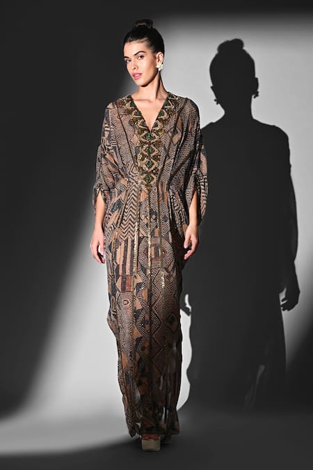 Nikita Mhaisalkar Brown Georgette Embroidery V-neck Geometric Print Kaftan Online at Aza Fashions Nikita Mhaisalkar_Brown Georgette Embroidery V-neck Geometric Print Kaftan _Online_at_Aza_Fashions
