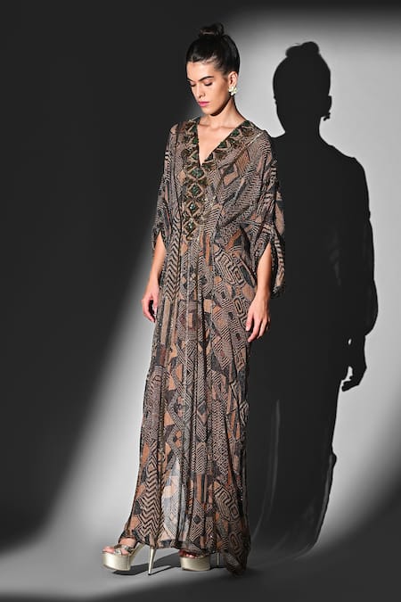 Buy Nikita Mhaisalkar Brown Georgette Embroidery V-neck Geometric Print Kaftan Online at Aza Fashions Buy_Nikita Mhaisalkar_Brown Georgette Embroidery V-neck Geometric Print Kaftan _Online_at_Aza_Fashions