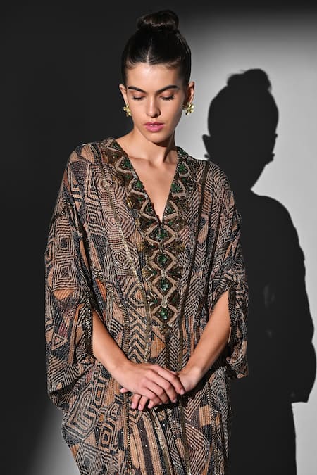 Shop Nikita Mhaisalkar Brown Georgette Embroidery V-neck Geometric Print Kaftan Online at Aza Fashions Shop_Nikita Mhaisalkar_Brown Georgette Embroidery V-neck Geometric Print Kaftan _Online_at_Aza_Fashions