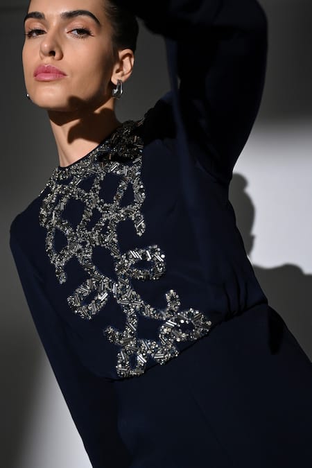 Nikita Mhaisalkar Blue Embroidery Round Neck Indigo Front Slit Dress Online at Aza Fashions Nikita Mhaisalkar_Blue Embroidery Round Neck Indigo Front Slit Dress _Online_at_Aza_Fashions