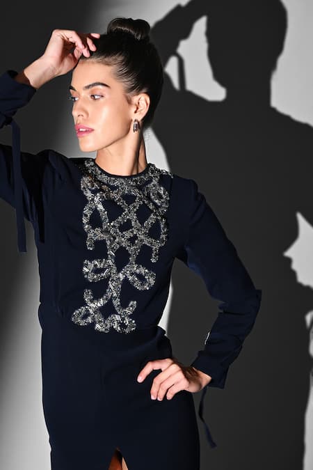 Buy Nikita Mhaisalkar Blue Embroidery Round Neck Indigo Front Slit Dress Online at Aza Fashions Buy_Nikita Mhaisalkar_Blue Embroidery Round Neck Indigo Front Slit Dress _Online_at_Aza_Fashions