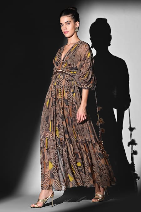 Nikita Mhaisalkar Brown Georgette Beads V-neck Geometric Canary Printed Maxi Dress Online at Aza Fashions Nikita Mhaisalkar_Brown Georgette Beads V-neck Geometric Canary Printed Maxi Dress _Online_at_Aza_Fashions