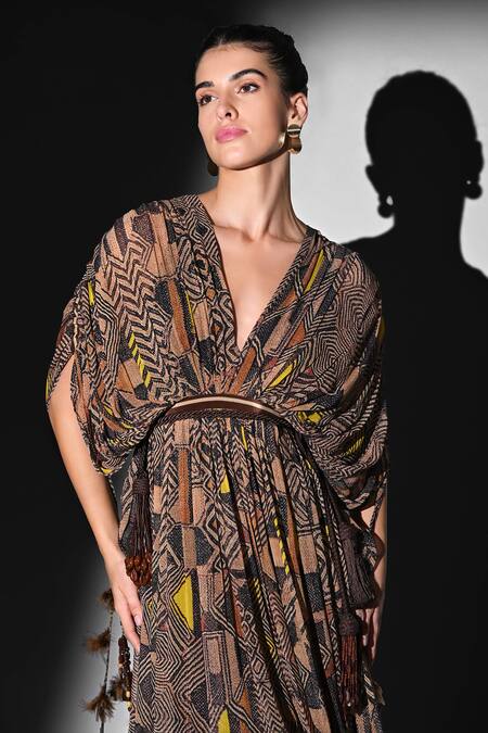 Shop Nikita Mhaisalkar Brown Georgette Beads V-neck Geometric Canary Printed Maxi Dress Online at Aza Fashions Shop_Nikita Mhaisalkar_Brown Georgette Beads V-neck Geometric Canary Printed Maxi Dress _Online_at_Aza_Fashions