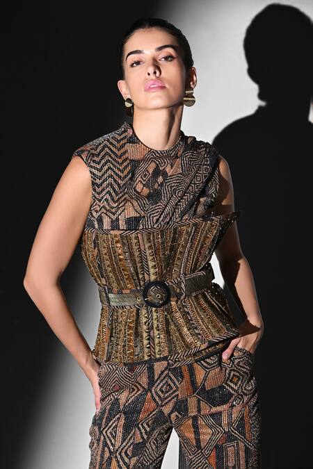 Nikita Mhaisalkar Brown Georgette Sequins Asymmetric Geometric Print Bodysuit And Pant Set at Aza Fashions Nikita Mhaisalkar_Brown Georgette Sequins Asymmetric Geometric Print Bodysuit And Pant Set _at_Aza_Fashions