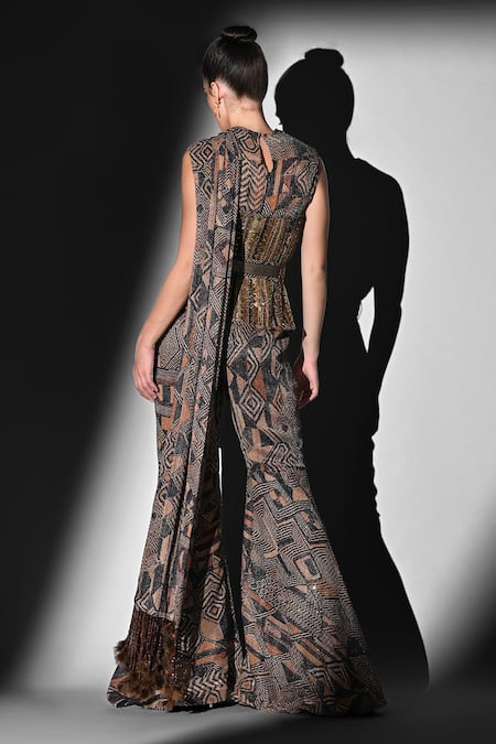 Shop Nikita Mhaisalkar Brown Georgette Sequins Asymmetric Geometric Print Bodysuit And Pant Set at Aza Fashions Shop_Nikita Mhaisalkar_Brown Georgette Sequins Asymmetric Geometric Print Bodysuit And Pant Set _at_Aza_Fashions