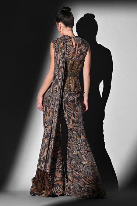 Shop Nikita Mhaisalkar Brown Tulle Cut Work Round Neck Gold Embroidered Corset And Belt at Aza Fashions Shop_Nikita Mhaisalkar_Brown Tulle Cut Work Round Neck Gold Embroidered Corset And Belt _at_Aza_Fashions