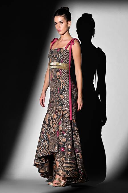 Nikita Mhaisalkar Brown Georgette Embroidery Square Neck Pink Geometric Cut-pipe Maxi Dress Online at Aza Fashions Nikita Mhaisalkar_Brown Georgette Embroidery Square Neck Pink Geometric Cut-pipe Maxi Dress _Online_at_Aza_Fashions