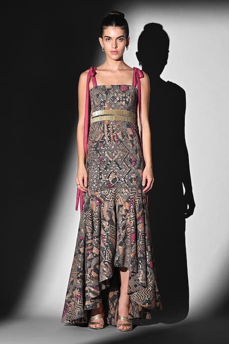 Buy Nikita Mhaisalkar Brown Georgette Embroidery Square Neck Pink Geometric Cut-pipe Maxi Dress Online at Aza Fashions Buy_Nikita Mhaisalkar_Brown Georgette Embroidery Square Neck Pink Geometric Cut-pipe Maxi Dress _Online_at_Aza_Fashions