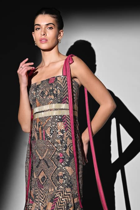 Shop Nikita Mhaisalkar Brown Georgette Embroidery Square Neck Pink Geometric Cut-pipe Maxi Dress Online at Aza Fashions Shop_Nikita Mhaisalkar_Brown Georgette Embroidery Square Neck Pink Geometric Cut-pipe Maxi Dress _Online_at_Aza_Fashions