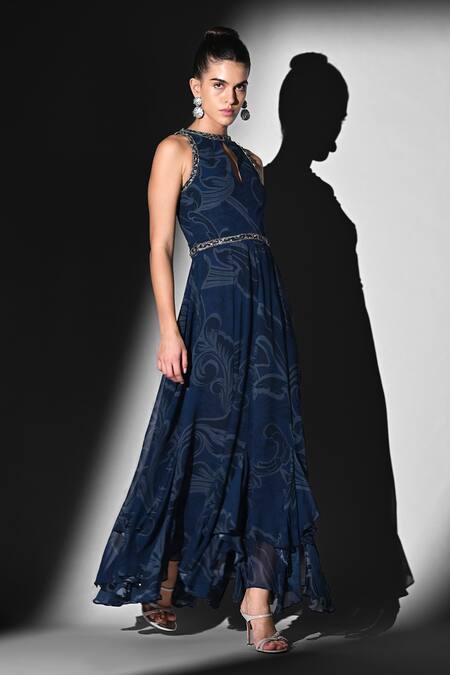Nikita Mhaisalkar Blue Georgette Zari Keyhole Neck Indigo Swirl Print Maxi Dress Online at Aza Fashions Nikita Mhaisalkar_Blue Georgette Zari Keyhole Neck Indigo Swirl Print Maxi Dress _Online_at_Aza_Fashions