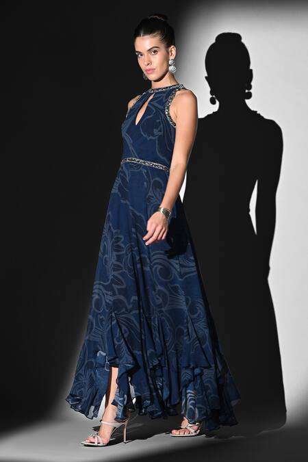 Buy Nikita Mhaisalkar Blue Georgette Zari Keyhole Neck Indigo Swirl Print Maxi Dress Online at Aza Fashions Buy_Nikita Mhaisalkar_Blue Georgette Zari Keyhole Neck Indigo Swirl Print Maxi Dress _Online_at_Aza_Fashions