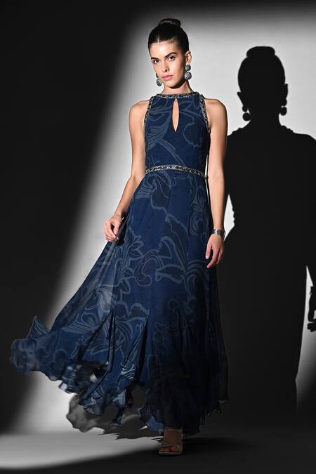 Shop Nikita Mhaisalkar Blue Georgette Zari Keyhole Neck Indigo Swirl Print Maxi Dress Online at Aza Fashions Shop_Nikita Mhaisalkar_Blue Georgette Zari Keyhole Neck Indigo Swirl Print Maxi Dress _Online_at_Aza_Fashions