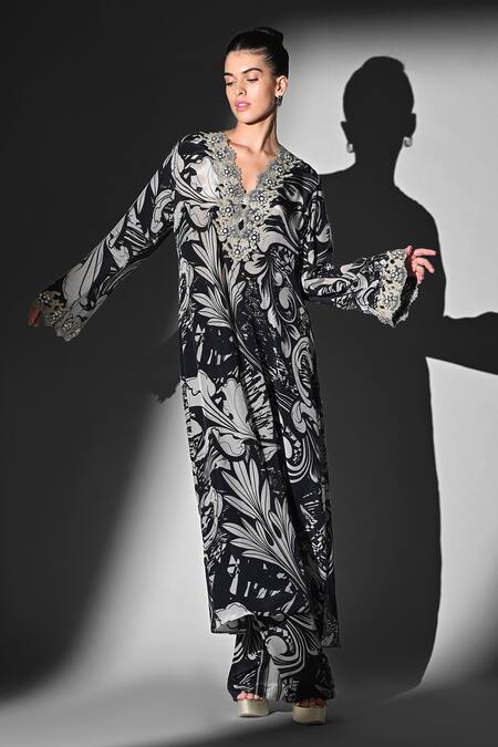 Buy Nikita Mhaisalkar Black Silk, Crepe Embroidery V-neck Swirl Print Kurta Set Online at Aza Fashions Buy_Nikita Mhaisalkar_Black Silk, Crepe Embroidery V-neck Swirl Print Kurta Set _Online_at_Aza_Fashions