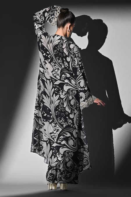 Shop Nikita Mhaisalkar Black Silk, Crepe Embroidery V-neck Swirl Print Kurta Set at Aza Fashions Shop_Nikita Mhaisalkar_Black Silk, Crepe Embroidery V-neck Swirl Print Kurta Set _at_Aza_Fashions