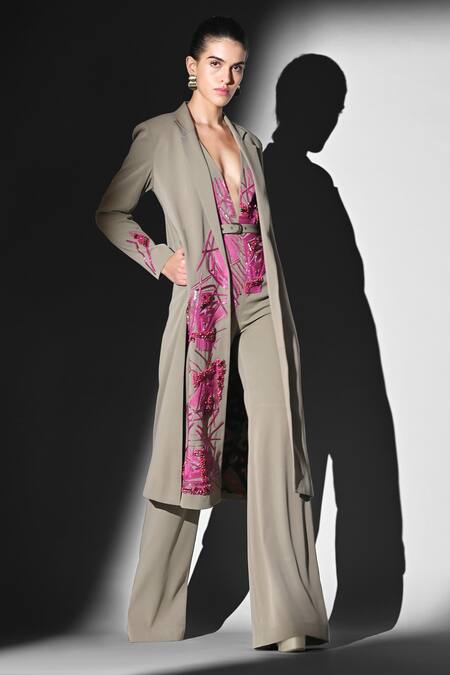 Nikita Mhaisalkar_Beige Embroidery Plunge Neck Jumpsuit With Fuschia _Online_at_Aza_Fashions