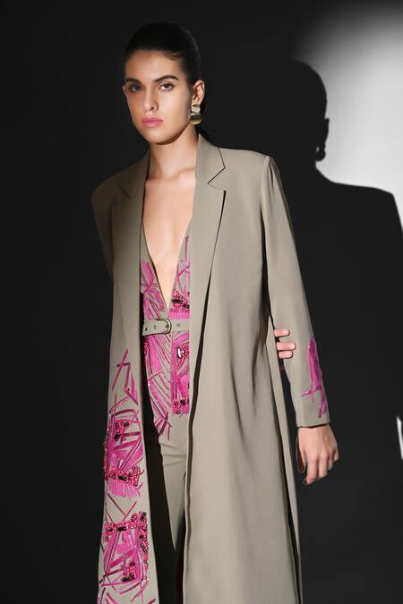 Buy_Nikita Mhaisalkar_Beige Embroidery Plunge Neck Jumpsuit With Fuschia _Online_at_Aza_Fashions