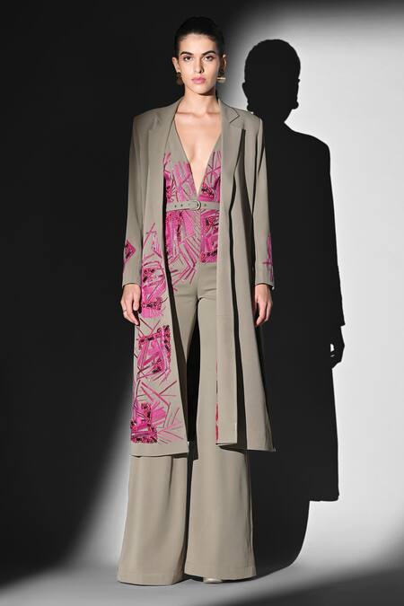 Nikita Mhaisalkar Beige Linen Embroidery Handthread Trench Online at Aza Fashions Nikita Mhaisalkar_Beige Linen Embroidery Handthread Trench _Online_at_Aza_Fashions