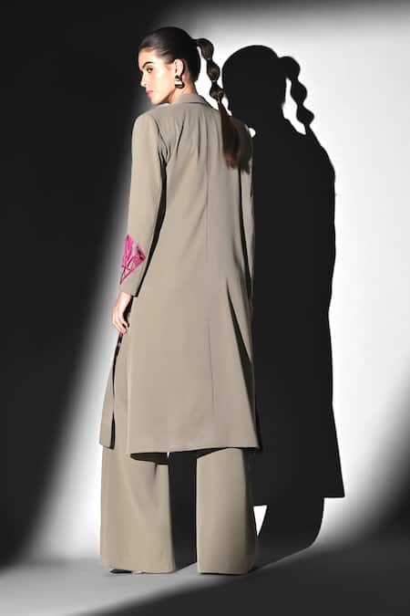 Shop Nikita Mhaisalkar Beige Linen Embroidery Handthread Trench at Aza Fashions Shop_Nikita Mhaisalkar_Beige Linen Embroidery Handthread Trench _at_Aza_Fashions