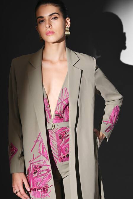 Nikita Mhaisalkar Beige Linen Embroidery Handthread Trench at Aza Fashions Nikita Mhaisalkar_Beige Linen Embroidery Handthread Trench _at_Aza_Fashions