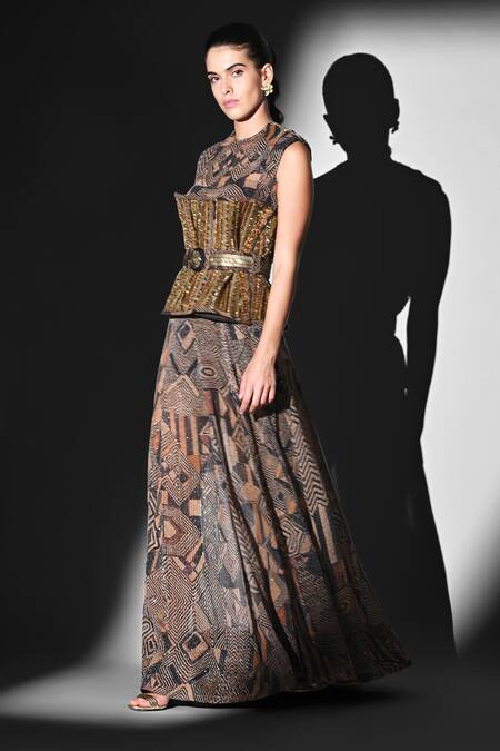 Buy Nikita Mhaisalkar Brown Georgette Sequins Round Neck Geometric Print Bodysuit And Skirt Set Online at Aza Fashions Buy_Nikita Mhaisalkar_Brown Georgette Sequins Round Neck Geometric Print Bodysuit And Skirt Set _Online_at_Aza_Fashions