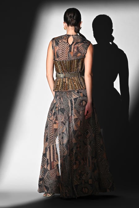 Shop Nikita Mhaisalkar Brown Georgette Sequins Round Neck Geometric Print Bodysuit And Skirt Set at Aza Fashions Shop_Nikita Mhaisalkar_Brown Georgette Sequins Round Neck Geometric Print Bodysuit And Skirt Set _at_Aza_Fashions