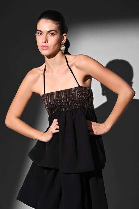 Nikita Mhaisalkar Black Embroidery Open Neck Brown Tier Dress With Threadwork Online at Aza Fashions Nikita Mhaisalkar_Black Embroidery Open Neck Brown Tier Dress With Threadwork _Online_at_Aza_Fashions