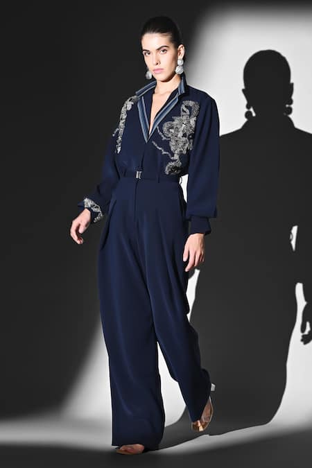 Nikita Mhaisalkar Blue Beads Collared Indigo Shirt With Embroidery Online at Aza Fashions Nikita Mhaisalkar_Blue Beads Collared Indigo Shirt With Embroidery _Online_at_Aza_Fashions