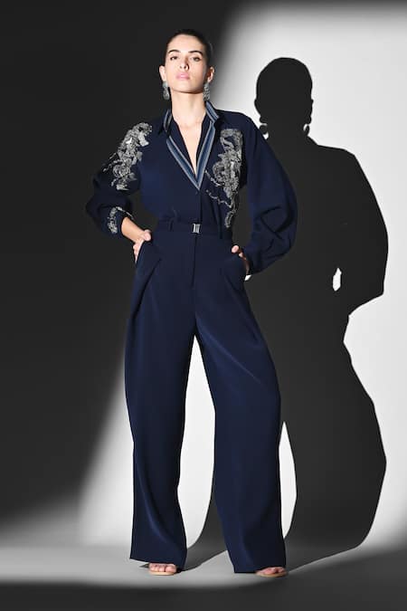 Buy Nikita Mhaisalkar Blue Beads Collared Indigo Shirt With Embroidery Online at Aza Fashions Buy_Nikita Mhaisalkar_Blue Beads Collared Indigo Shirt With Embroidery _Online_at_Aza_Fashions