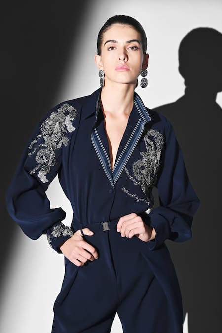 Nikita Mhaisalkar Indigo Blue Shirt with Bead Embroidery 
