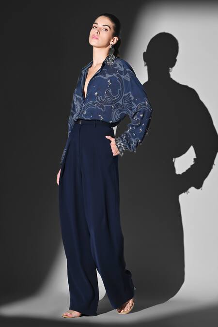 Nikita Mhaisalkar Blue Georgette Beads Collared, V-neck Indigo Swirl Printed Shirt Online at Aza Fashions Nikita Mhaisalkar_Blue Georgette Beads Collared, V-neck Indigo Swirl Printed Shirt _Online_at_Aza_Fashions