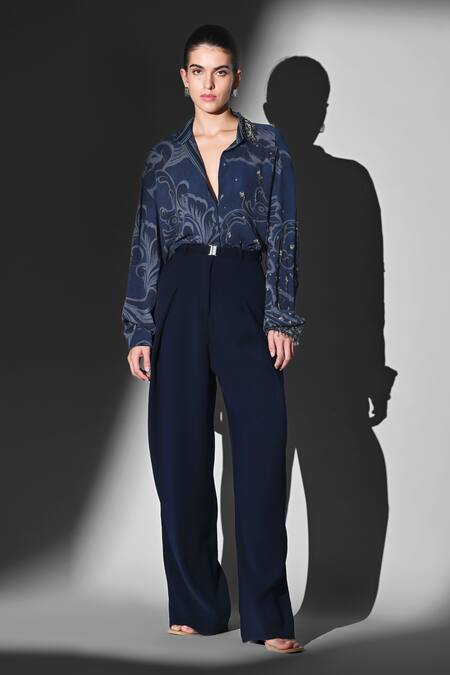 Buy Nikita Mhaisalkar Blue Georgette Beads Collared, V-neck Indigo Swirl Printed Shirt Online at Aza Fashions Buy_Nikita Mhaisalkar_Blue Georgette Beads Collared, V-neck Indigo Swirl Printed Shirt _Online_at_Aza_Fashions