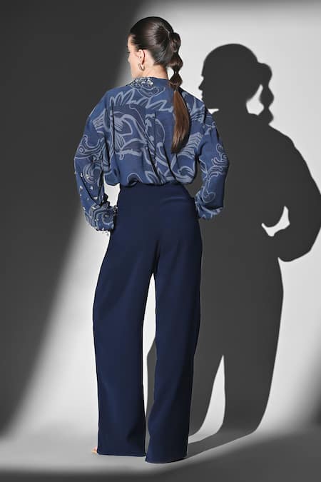 Shop Nikita Mhaisalkar Blue Georgette Beads Collared, V-neck Indigo Swirl Printed Shirt at Aza Fashions Shop_Nikita Mhaisalkar_Blue Georgette Beads Collared, V-neck Indigo Swirl Printed Shirt _at_Aza_Fashions