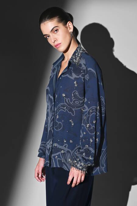 Shop Nikita Mhaisalkar Blue Georgette Beads Collared, V-neck Indigo Swirl Printed Shirt Online at Aza Fashions Shop_Nikita Mhaisalkar_Blue Georgette Beads Collared, V-neck Indigo Swirl Printed Shirt _Online_at_Aza_Fashions