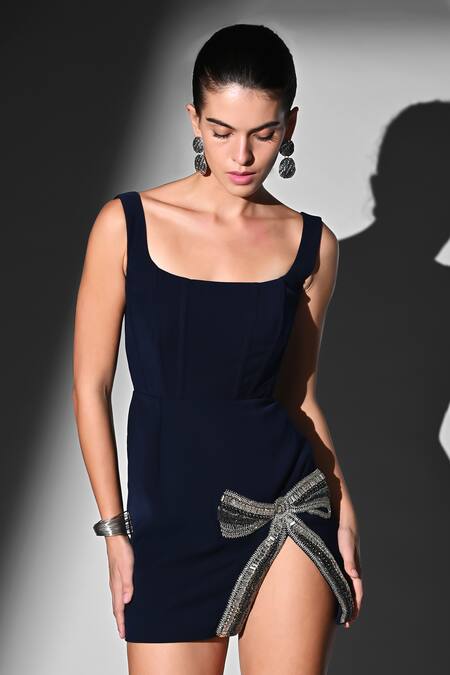 Shop Nikita Mhaisalkar Blue Beads Scoop Neck Indigo Crystal Bow Short Dress Online at Aza Fashions Shop_Nikita Mhaisalkar_Blue Beads Scoop Neck Indigo Crystal Bow Short Dress _Online_at_Aza_Fashions