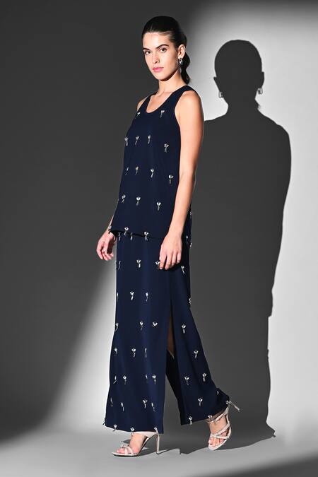Buy Nikita Mhaisalkar Blue Beads Scoop Neck Indigo Crystal Embroidered Skirt Set Online at Aza Fashions Buy_Nikita Mhaisalkar_Blue Beads Scoop Neck Indigo Crystal Embroidered Skirt Set _Online_at_Aza_Fashions