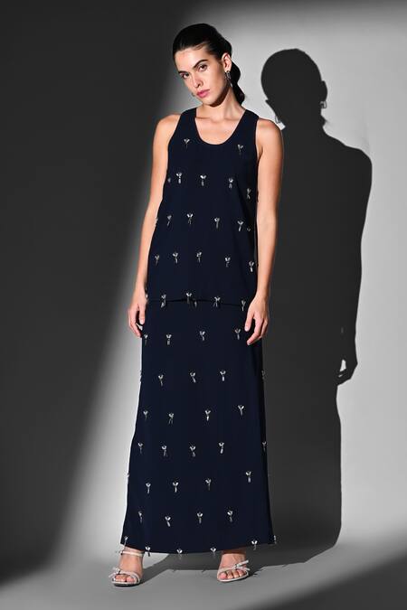 Shop Nikita Mhaisalkar Blue Beads Scoop Neck Indigo Crystal Embroidered Skirt Set Online at Aza Fashions Shop_Nikita Mhaisalkar_Blue Beads Scoop Neck Indigo Crystal Embroidered Skirt Set _Online_at_Aza_Fashions