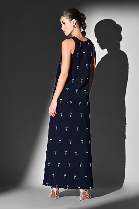 Shop Nikita Mhaisalkar Blue Beads Scoop Neck Indigo Crystal Embroidered Skirt Set at Aza Fashions Shop_Nikita Mhaisalkar_Blue Beads Scoop Neck Indigo Crystal Embroidered Skirt Set _at_Aza_Fashions