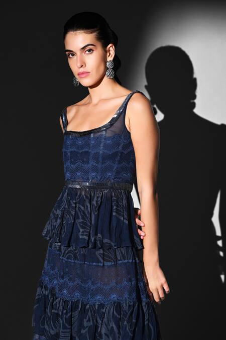 Buy Nikita Mhaisalkar Blue Georgette Scoop Neck Indigo Swirl Print Peplum Top And Skirt Set Online at Aza Fashions Buy_Nikita Mhaisalkar_Blue Georgette Scoop Neck Indigo Swirl Print Peplum Top And Skirt Set _Online_at_Aza_Fashions